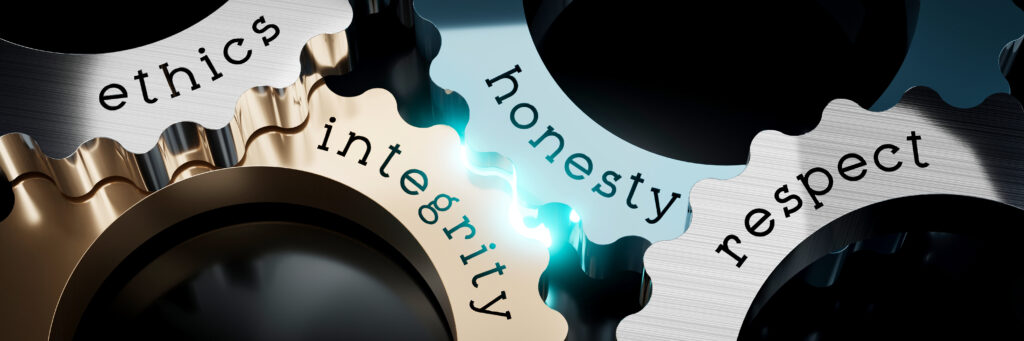 Ethics, honesty, integrity, respect - gears concept - 3D illustration