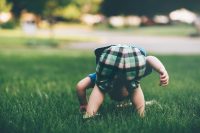 The little boy in plaid shorts is playing in the green grass bent over, exploring the ground with curiosity.