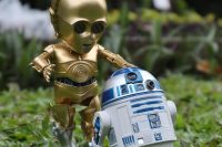 Cute small baby versions of R2D2 in silver metal and C-3PO in fold metal from Star wars standing on green leaves