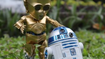 Cute small baby versions of R2D2 in silver metal and C-3PO in fold metal from Star wars standing on green leaves