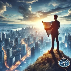 A man standing on a high peak holding a blueprint with a compass on the high ground behind him. He is overlooking a city an lit up roadways. Dark clouds overhead.