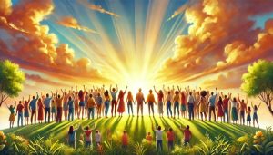 Image of people lined up on a green hilltop looking at a sunrise and clouds