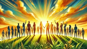 A-bright-uplifting-landscape-with-a-group-of-people-standing-together-on-a-grassy-hill-at-sunrise.-The-people-stand-confidently-holding-hands-