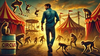 dramatic-and-slightly-surreal-scene-of-a-casually-dressed-man-wearing-jeans-and-a-jean-shirt-confidently-walking-away-from-a-chaotic-circus-filled with monkeys and circus tents