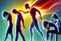 4 people wanting to ignore an energy vampire who has flames coming out of his back and drains their energy.