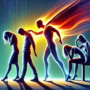 4 people wanting to ignore an energy vampire who has flames coming out of his back and drains their energy.