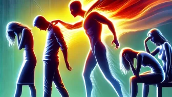 4 people wanting to ignore an energy vampire who has flames coming out of his back and drains their energy.
