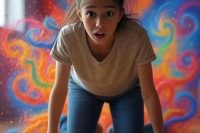 Young girl on a multi color rug with a surprised look on her face