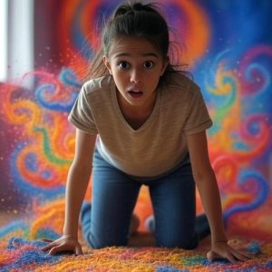 Young girl on a multi color rug with a surprised look on her face