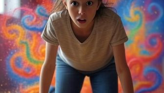 Young girl on a multi color rug with a surprised look on her face