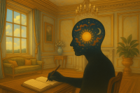 dark shadow of a person sitting at a desk in a living room, writing in a journal
