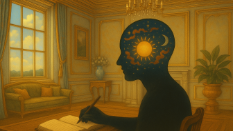 dark shadow of a person sitting at a desk in a living room, writing in a journal