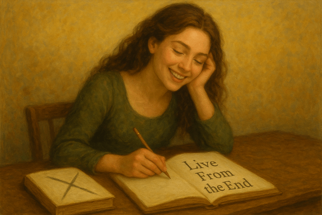 Young girl writing a book title that says Live From the End