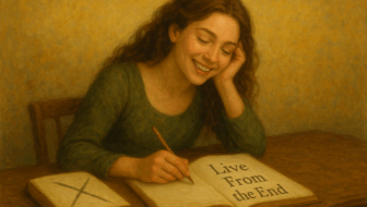 Young girl writing a book title that says Live From the End