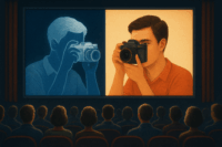 A movie audience is watching two images on the movie screen. On the left in blue is a man with a camera pointing at himself on the right. On the right is a bright yellow an orange image of the same person pointing his camera to the left. The left is a negative image - the right is a positive image.