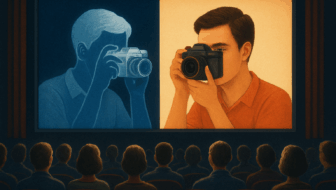 A movie audience is watching two images on the movie screen. On the left in blue is a man with a camera pointing at himself on the right. On the right is a bright yellow an orange image of the same person pointing his camera to the left. The left is a negative image - the right is a positive image.