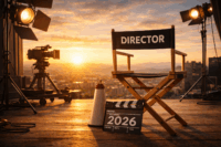 Orange sunset with a movie scene. A director's chair and a clapboard below the chair