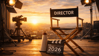 Orange sunset with a movie scene. A director's chair and a clapboard below the chair
