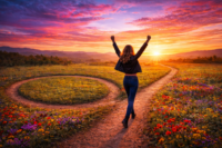 Girl walking with arms up walking down a path toward the sunset