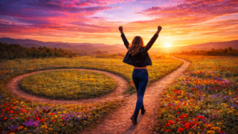 Girl walking with arms up walking down a path toward the sunset