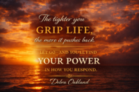 A red golden sunset with a quote by Debra Oakland over the sunset.